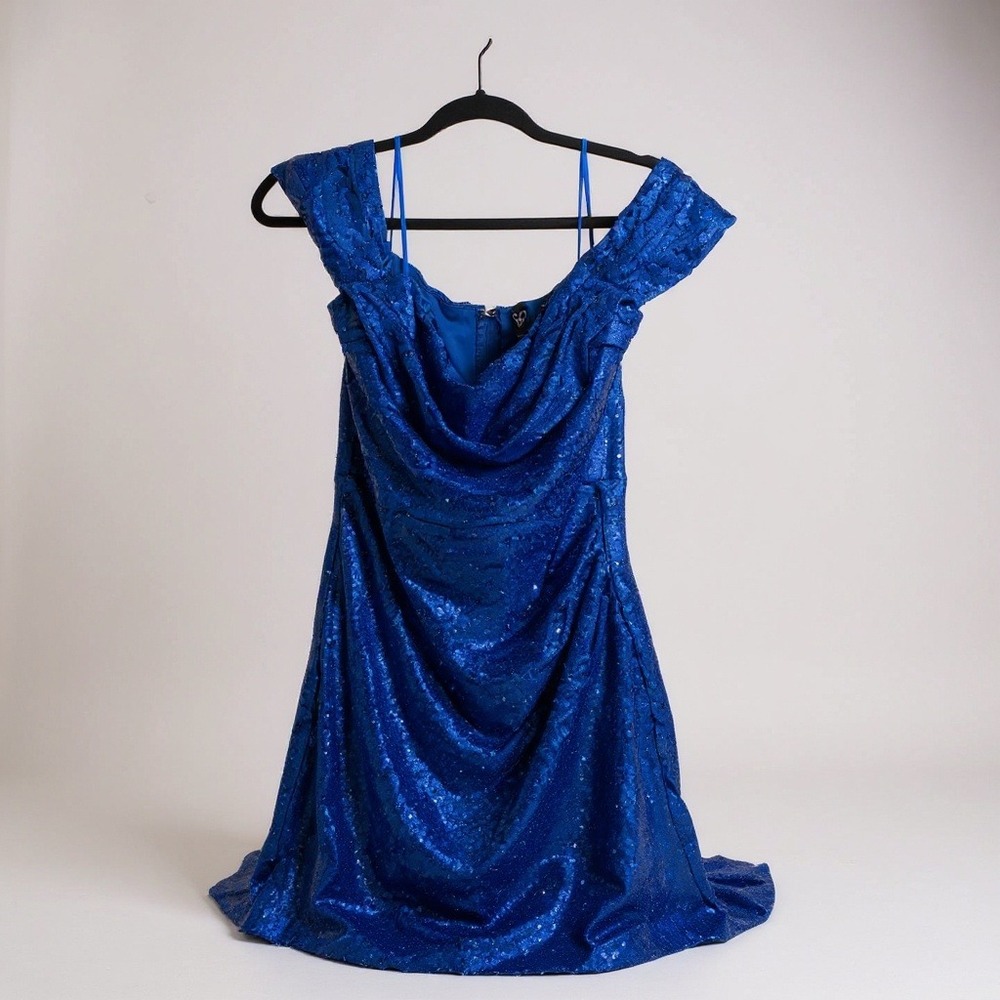 Windsors Blue Sequin Off The‎ Shoulder Bodycon Mini Dress Ruched Party